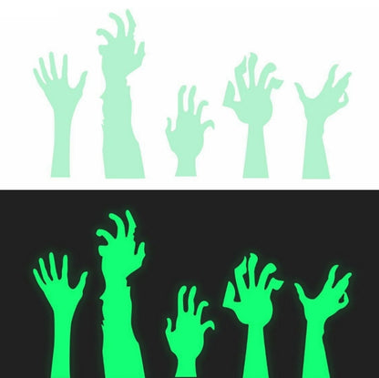 Luminous arm silhouette wall stickers with raised hands, glow-green figures