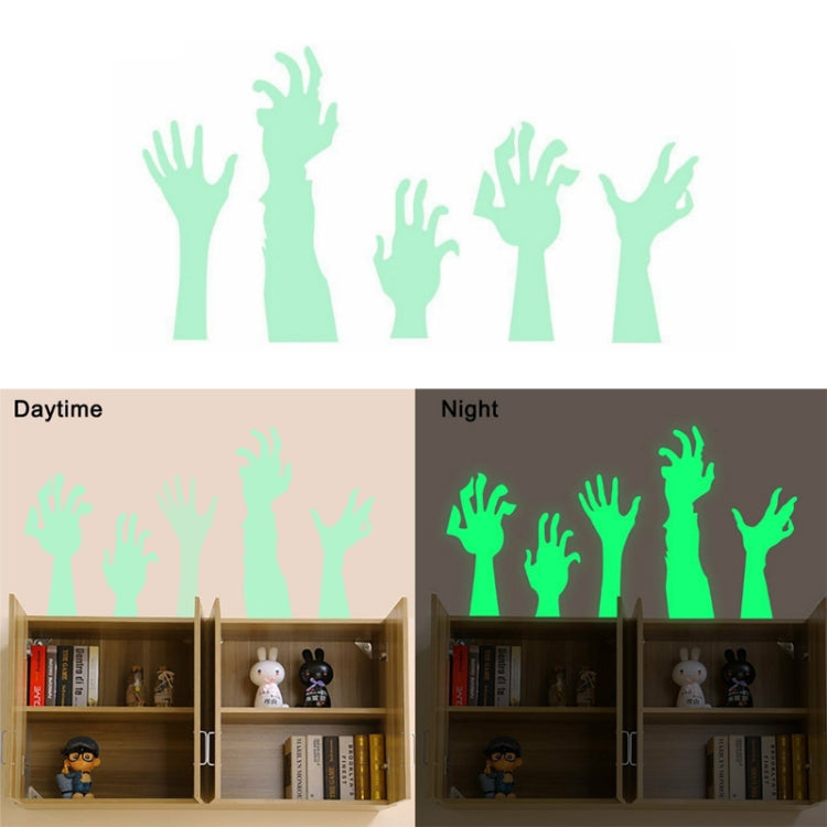 Glow wall sticker set showing raised-hand arm silhouettes, bright at night