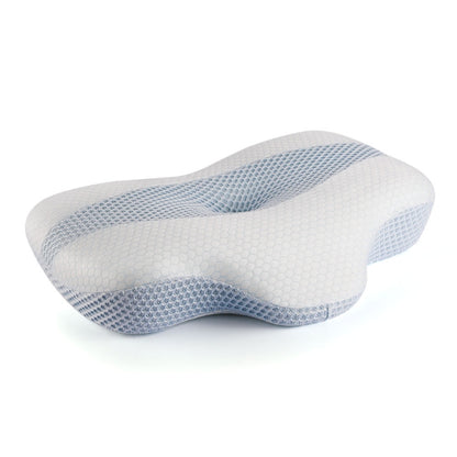 Memory foam neck protector pillow with blue ventilated mesh inserts