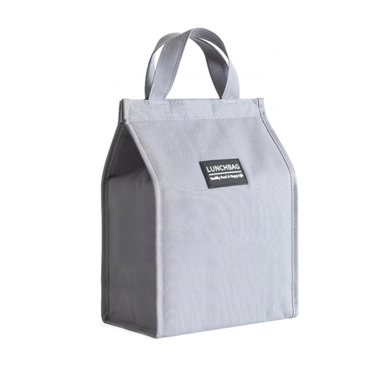 Insulated lunch box bag in light gray with carry handles and front logo patch