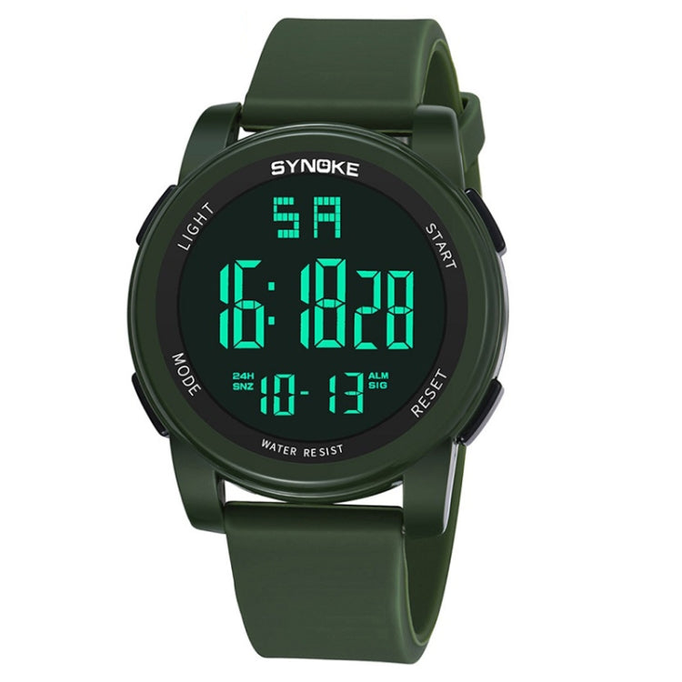 Army green digital sports watch with silicone strap and luminous LCD time display