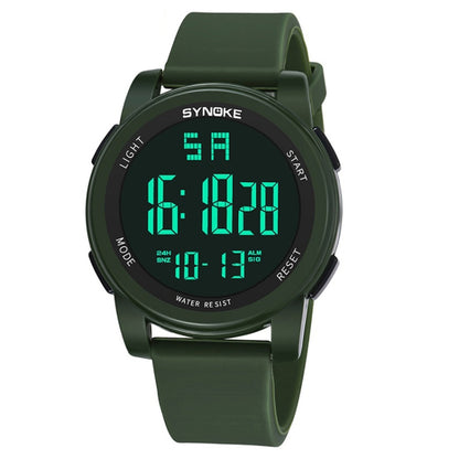 Army green digital sports watch with silicone strap and luminous LCD time display