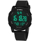 Black digital sports watch with silicone strap and luminous LCD time display