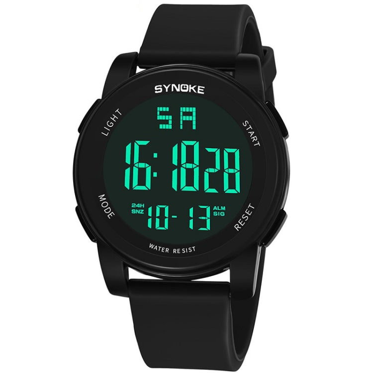 Black digital sports watch with silicone strap and luminous LCD time display