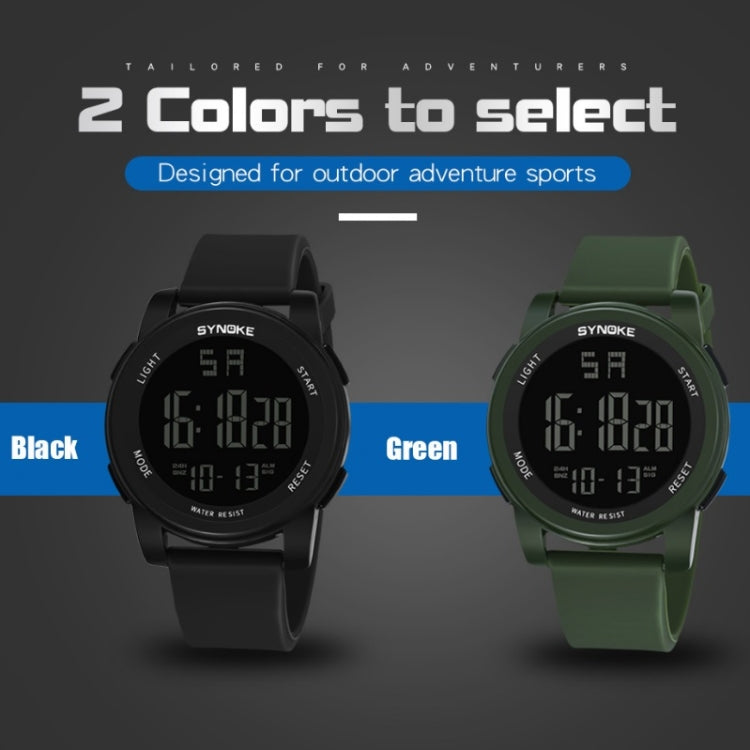 Digital sports watch shown in black and army green with glowing LCD numerals