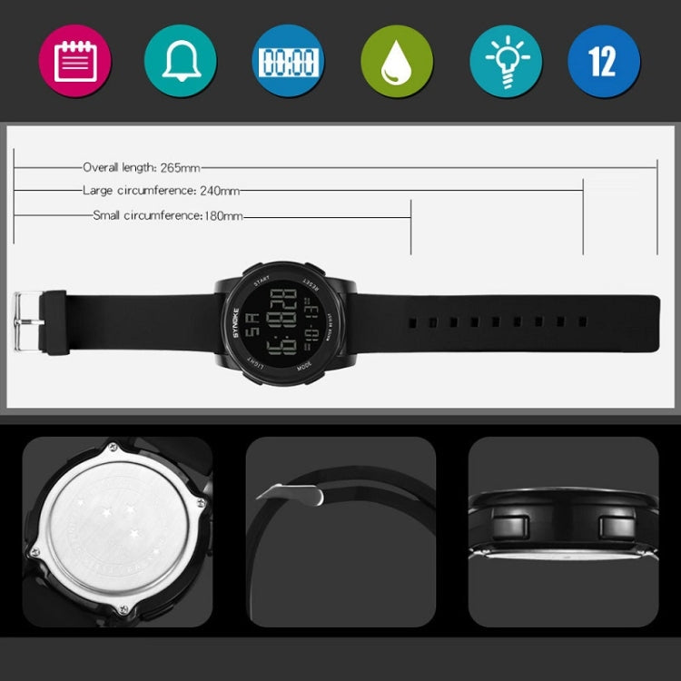 Black digital sports watch with round face and silicone strap, side profile