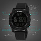 Black digital sports watch with illuminated LCD display and silicone strap