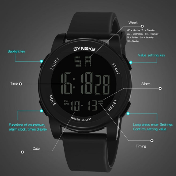 Black digital sports watch with illuminated LCD display and silicone strap