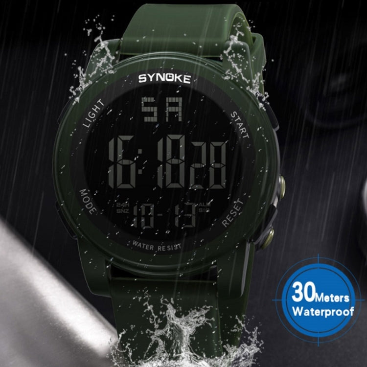 Army green waterproof digital sports watch with glowing LCD and water splash