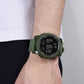 Army green digital sports watch worn on wrist with glowing LCD display