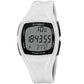 White sports pedometer watch with digital display and curved silicone strap
