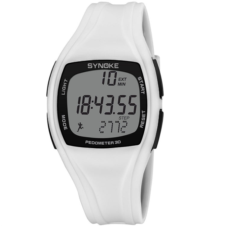 White sports pedometer watch with digital display and curved silicone strap