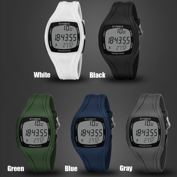 Sports pedometer watches set in white, black, green, blue, and gray