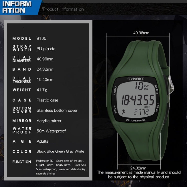 Army green sports pedometer watch with large digital time and step display