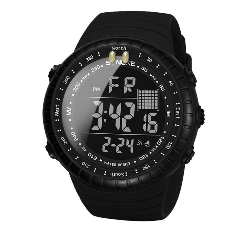 Black digital sports watch with luminous time display, alarm and calendar markers