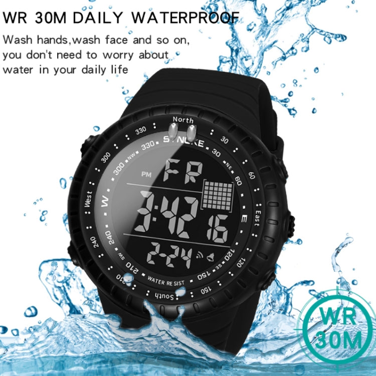 Black waterproof digital sports watch with luminous display and date/day indicators