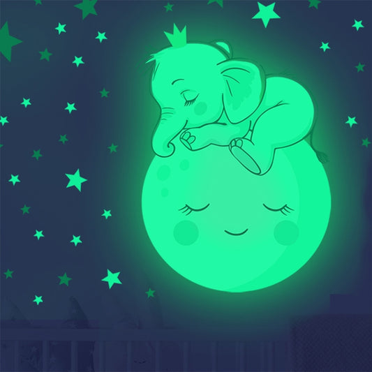 Luminous baby elephant wall sticker glowing green with stars pattern