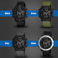 Digital sports watch set with black, green, gray, and silver straps and teal display