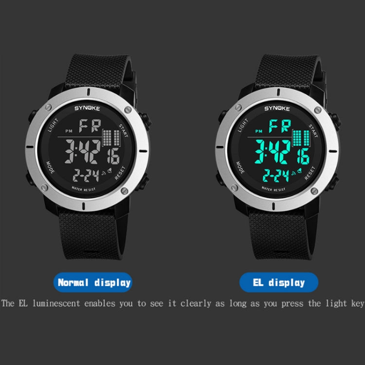 Black digital sports watch with round silver case and teal EL backlit display