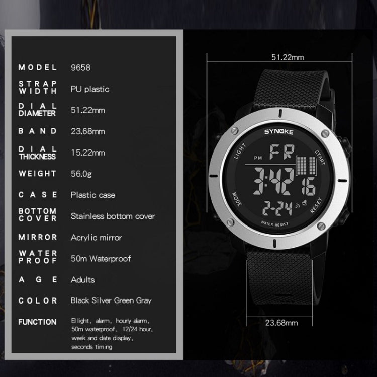 Black digital outdoor sports watch with silver bezel, textured strap, and size diagram