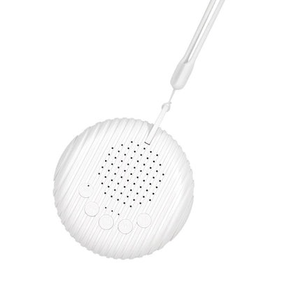 White round portable baby sleep white-noise machine with hanging loop and buttons