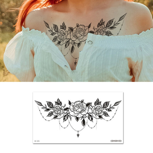 Black linework floral rose crescent tattoo sticker with dotted chains and small charms