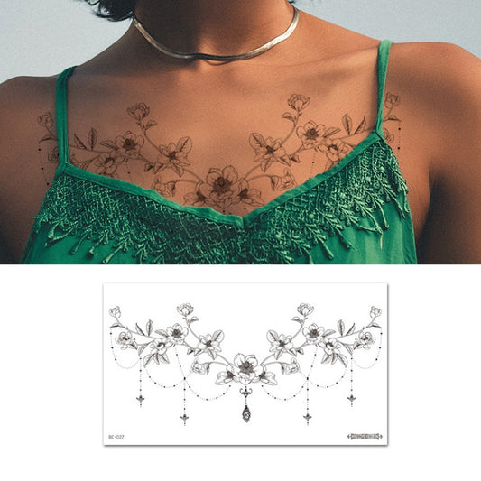 Black linework floral vine tattoo sticker with long dangling charm chains