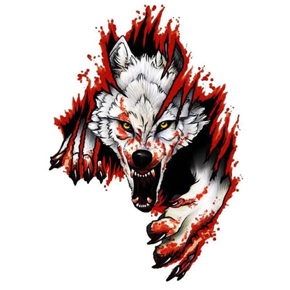 Wolf head 3D graphic car body sticker with red flames and white fur, black muzzle