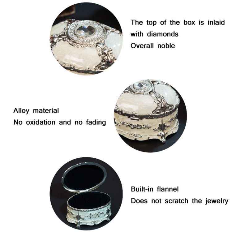 Alloy oval jewelry storage box with diamond-style lid design and built-in hinged compartment