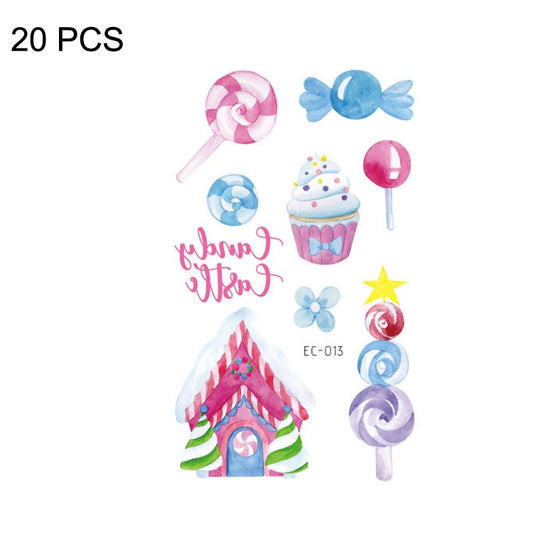 Set of waterproof cartoon child tattoo stickers with lollipops, cupcakes, house and stars
