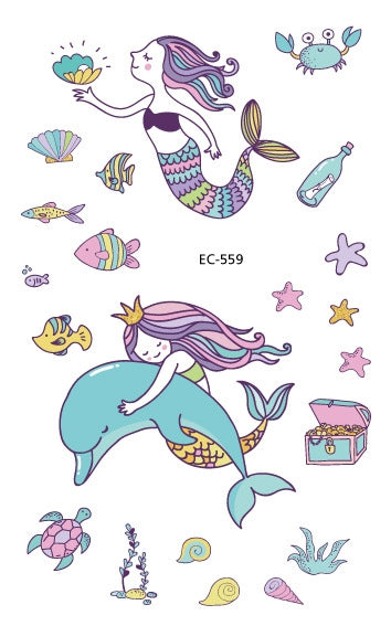 Set of marine animal temporary tattoo stickers with mermaids, fish, sea stars, code EC-559