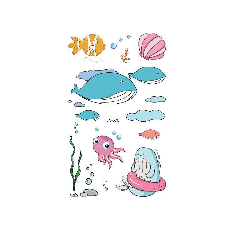 Set of marine animal temporary tattoo stickers with dolphins, jellyfish, and sea plants, code EC-576