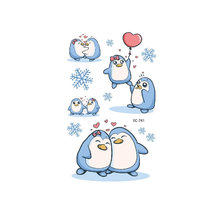 Set of marine animal tattoo stickers with blue penguins, snowflakes, and a heart