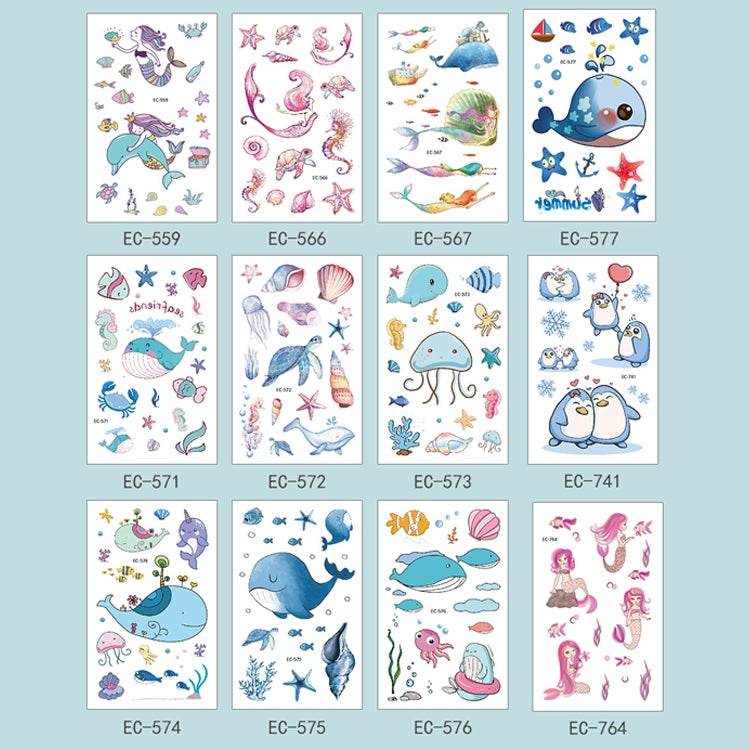 Children marine tattoo sticker sheets with multiple designs labeled EC-559 to EC-764