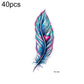 Small temporary tattoo sticker with a single blue and pink feather with splatter detail (RC-453).
