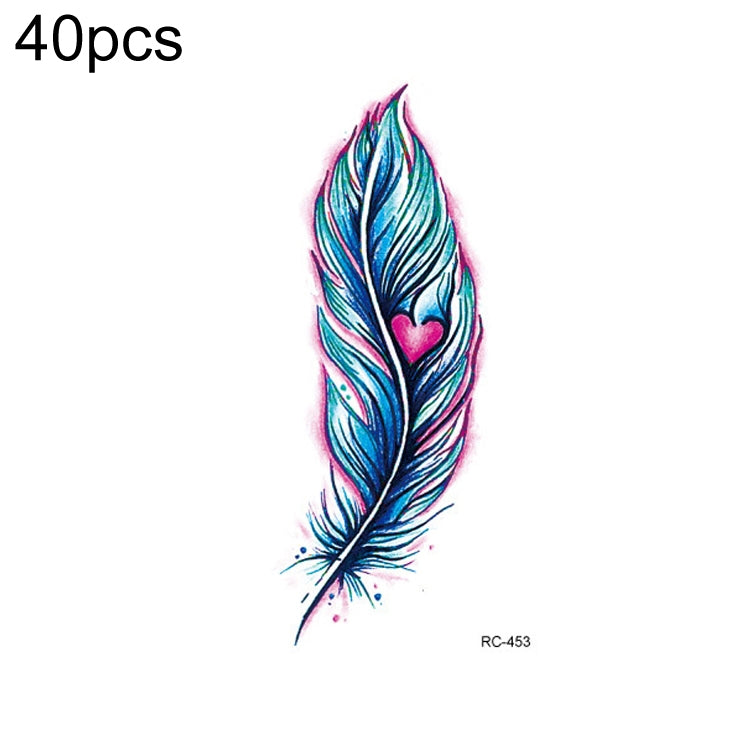 Small temporary tattoo sticker with a single blue and pink feather with splatter detail (RC-453).