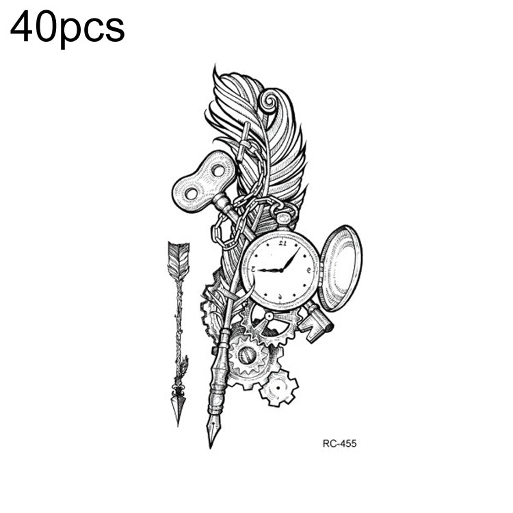 Small steampunk-style temporary tattoo sticker set with pocket watch, gears, and feather (RC-455).