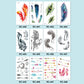 Sheet of colorful small temporary tattoo stickers with multiple feather, floral, and arrow designs