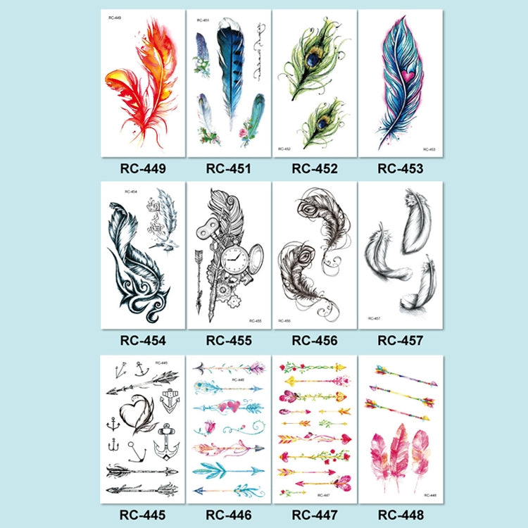 Sheet of colorful small temporary tattoo stickers with multiple feather, floral, and arrow designs