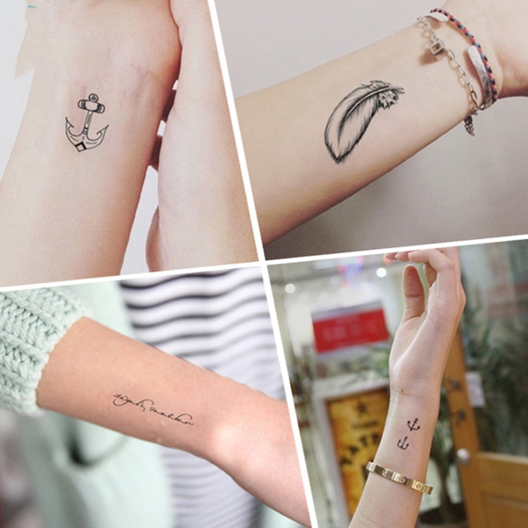 Small line-art temporary tattoo stickers on arms: anchor and feather