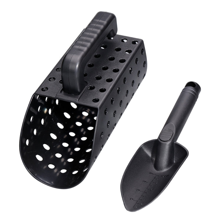 Dark plastic sand scoop and shovel set with perforated digging pan and spade