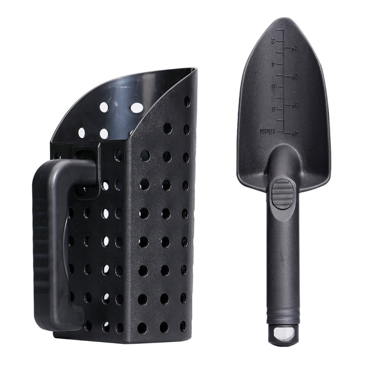 Perforated black sand scoop holder with matching black shovel tool and handle