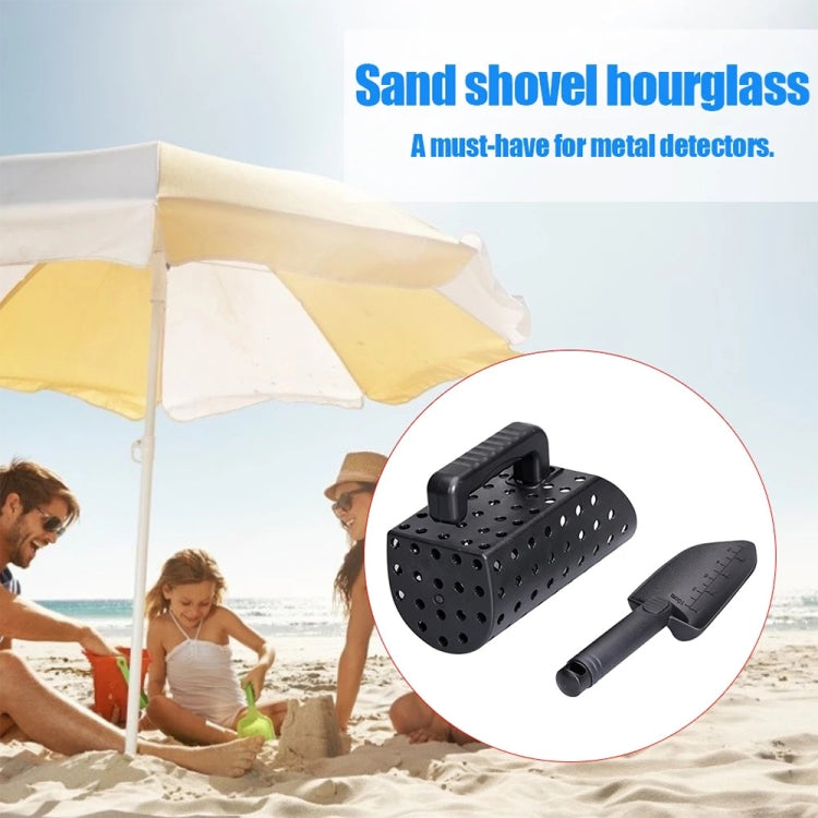 Black hourglass sand shovel scoop with perforated pan and measurement-marked spade