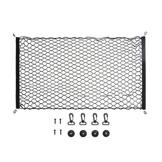Black car trunk storage net with hardware set: rings, grommets, and attachment parts
