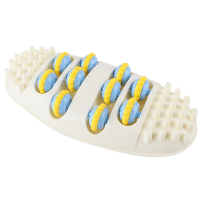 White foot roller massage pad with raised nodes and blue-and-yellow kneading wheels