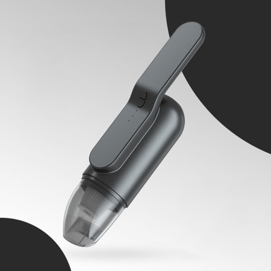 Wireless handheld car vacuum cleaner in dark gray, clear dust cup and crevice nozzle.
