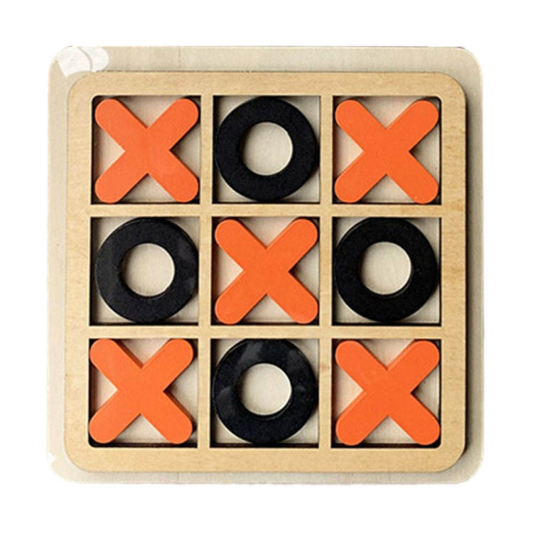 Kids tic-tac-toe board game with orange X and black O pieces in a wooden frame