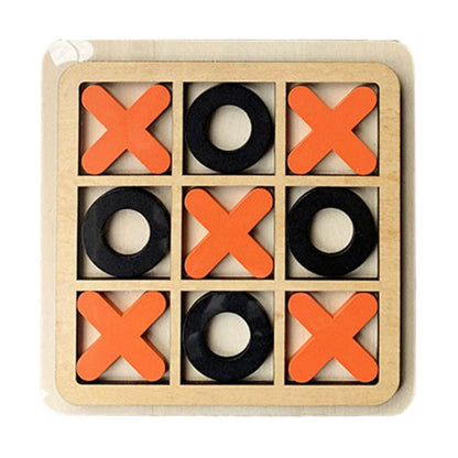 Kids tic-tac-toe board game with orange X and black O pieces in a wooden frame
