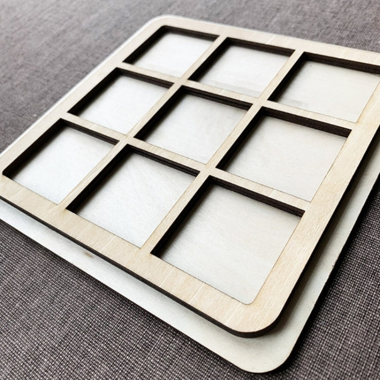 Wooden tic-tac-toe board with black grid lines and nine empty squares