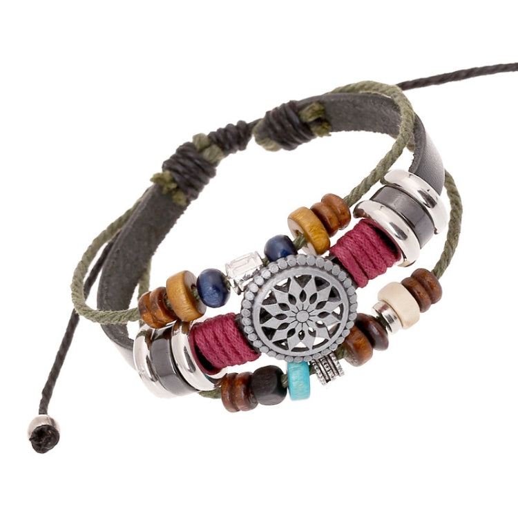 Beaded leather bracelet with circular silver charm, blue and red beads, multicolor bands